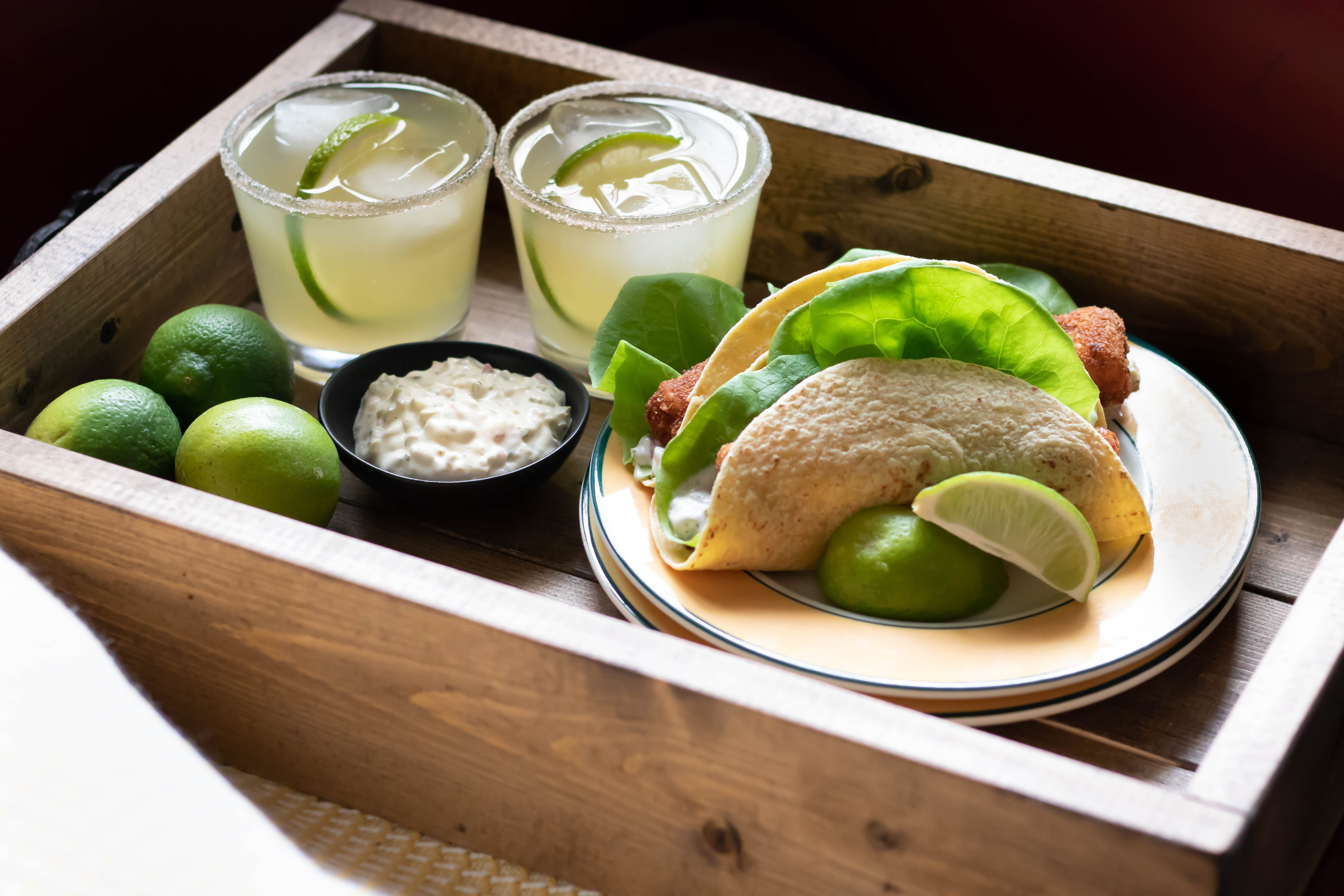 Fish tacos on an Angle in a tray